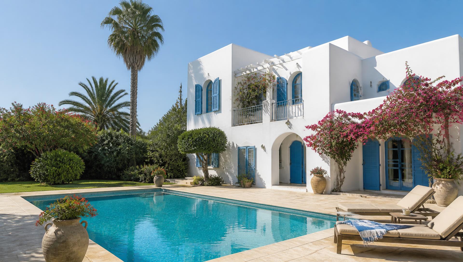 Villa tunisienne blanche et bleue avec piscine